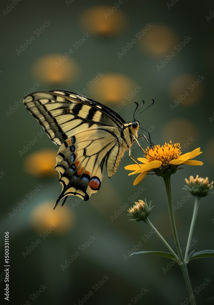 Obraz premium Photo of a Detailed Yellow Butterfly on Yellow Flower with Green Background