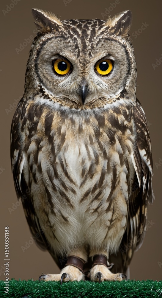 Naklejka premium Photo of a Eurasian Eagle Owl in Portrait View Brown Feathers and Yellow Eyes Background Focus