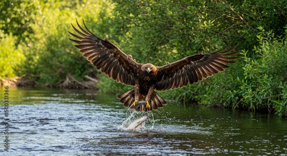 Fototapeta premium Photo of a Golden Eagle in Flight Catching a Fish Above a River in Sunlight