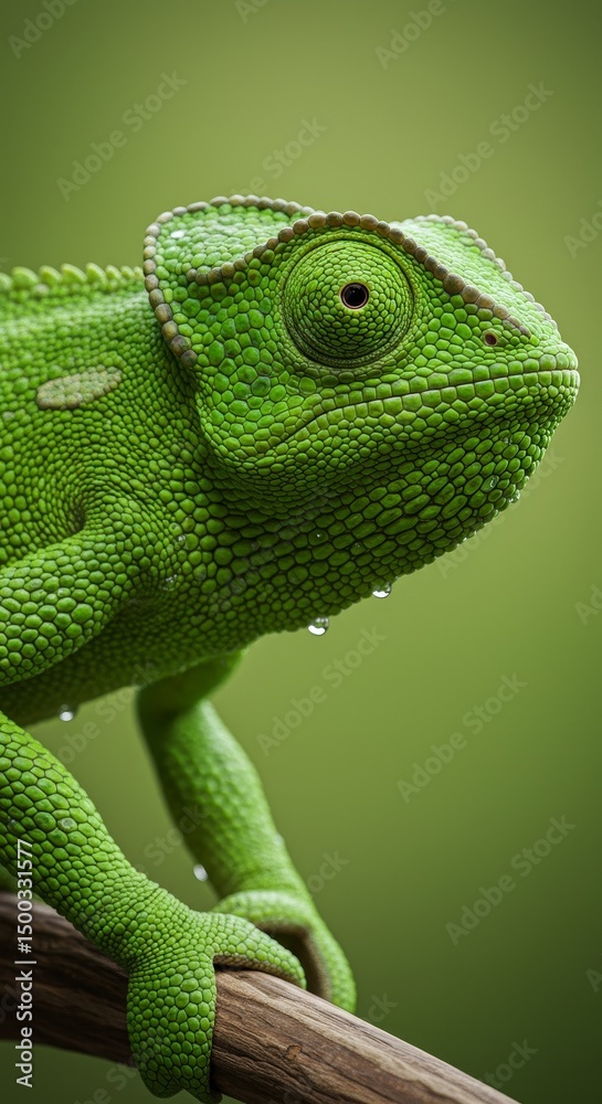 Fototapeta premium Photo of a Green Chameleon Perched on a Branch with Detailed Skin and Eye