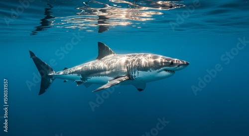 Photo of a Great White Shark Swimming in Deep Blue Ocean Waters