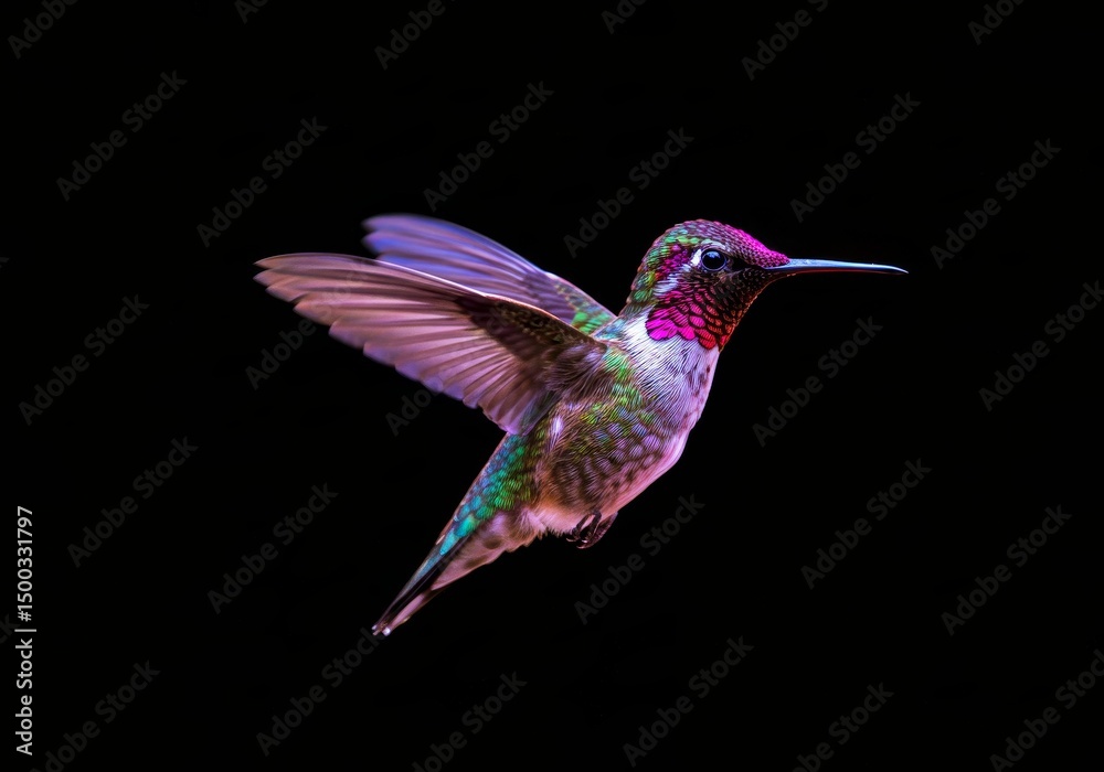 Fototapeta premium Photo of a Hummingbird in Flight with Vibrant Colors and Black Background
