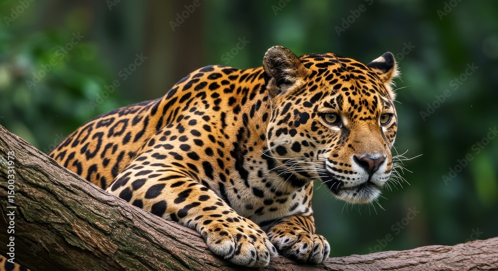 Naklejka premium Photo of a Jaguar Resting on a Tree Branch with Green Background