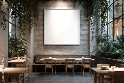 Cafe Interior with Blank Canvas and Plant Decor