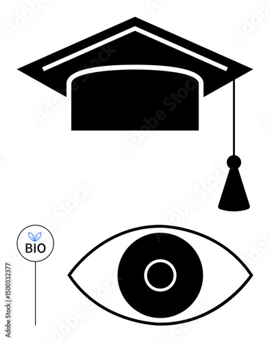 Graduation cap for learning, eye for vision or observation, and bio tag for sustainability. Ideal for education, growth, eco-awareness, technology, innovation, research simple landing page