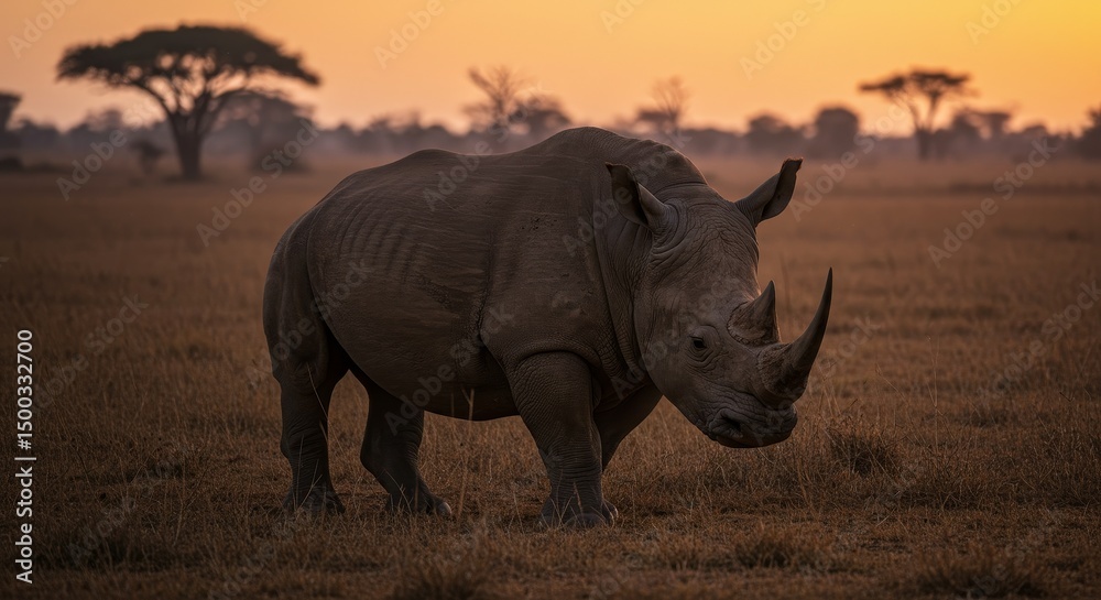 Fototapeta premium Photo of a Rhino in African Savanna at Sunset with Golden Light