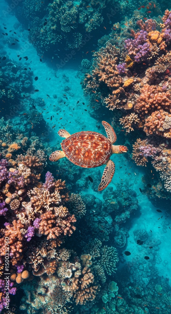 Fototapeta premium Photo of a Sea Turtle Swimming Above a Colorful Coral Reef in Blue Ocean