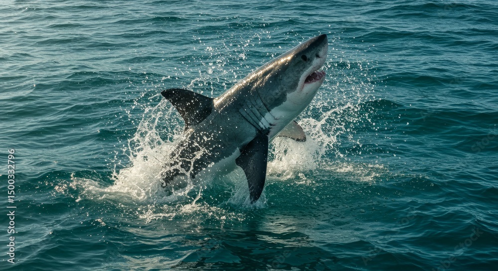 Fototapeta premium Photo Of A Shark Breaching Ocean Water With Open Jaws And Teeth