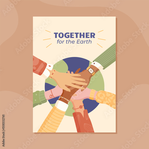 Flat volunteer banner with diverse hands together in support. Solidarity and teamwork highlight charity efforts. Community aid and strong connections emphasized.