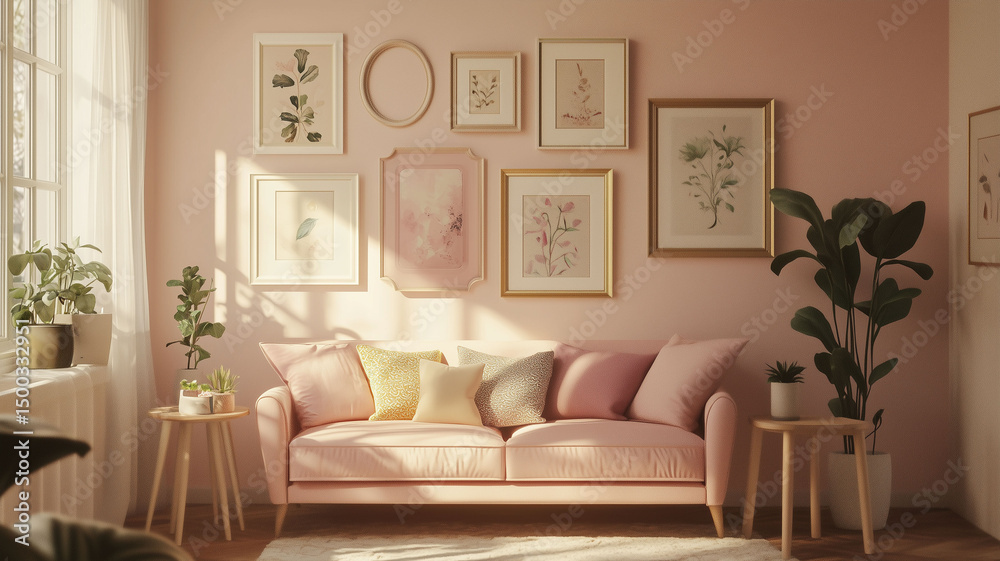 Naklejka premium Cozy Living Room with Gallery Wall of Mixed Frames and Soft Pastel Tones in Vintage Style (4)
