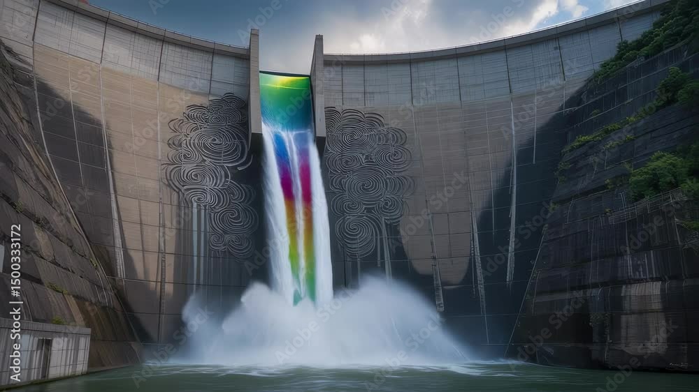 Miyagase dam spillway releasing water colored like a rainbow, creating a mesmerizing spectacle against the backdrop of the concrete dam wall and the surrounding natural landscape
