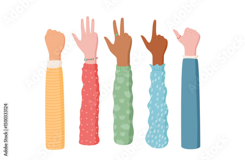 Cartoon hand count gesture set in a flat style. These representations of finger poses and arm signals capture various palm and number positions. Ideal for educational uses creative projects.