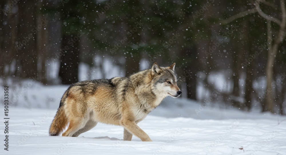 Obraz premium Photo of a Wolf Walking Through Snow in a Forest Setting with Winter Atmosphere