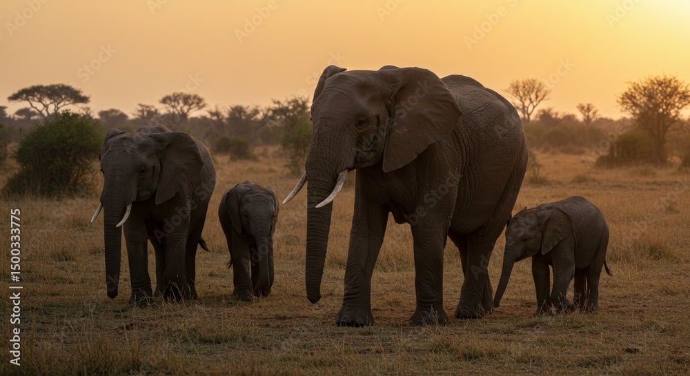 Fototapeta premium Photo of African Elephants Herd Silhouetted Against Sunset Golden Sky