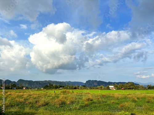 Lush green fields under a bright sky with dramatic clouds and distant hills.
