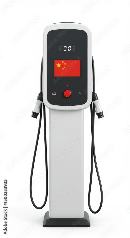 Photorealistic isolated modern EV charging station showcasing China's flag integration Photorealistic isolated modern EV charging station showcasing China's flag integration