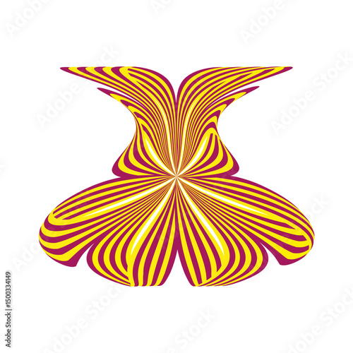 Abstract petal shape. Yellow red lines. Twisted vector form. Optical curve element.