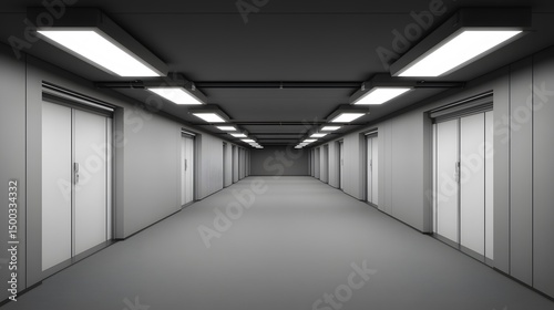 Long Futuristic Corridor with White Doors and Bright Lights