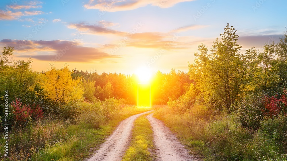 Fototapeta premium Autumn Sunset Path Golden Hour Forest Road
