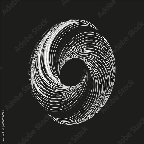 Spiral swirl shape. Dynamic twisted lines. Abstract vortex form. Vector black background.