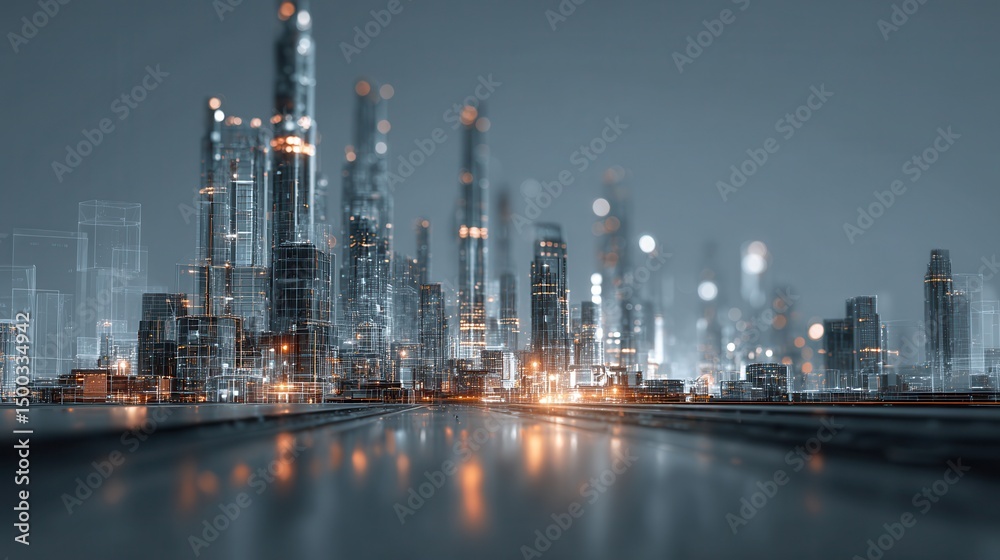 Fototapeta premium Smart Workflow Optimization Futuristic city skyline with glowing lights and abstract lines creating a digital effect.
