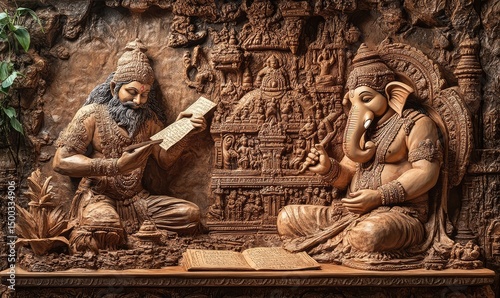 Sage Vyasa dictating the story for Lord Ganesha to write. AI generated illustration.