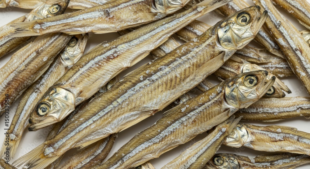 Fototapeta premium Photo of Dried Anchovy Fish Food Showing Texture and Close Up Details