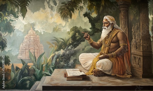Sage Vyasa dictating the story for Lord Ganesha to write. AI generated illustration.