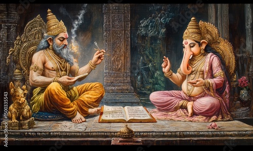 Sage Vyasa dictating the story for Lord Ganesha to write. AI generated illustration.