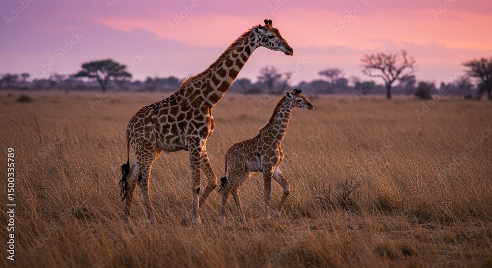 Obraz premium Photo of Giraffe Mother and Baby Silhouette Against a Sunset Sky in Africa