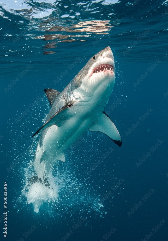 Naklejka premium Photo of Great White Shark Rising From Deep Blue Sea Underwater