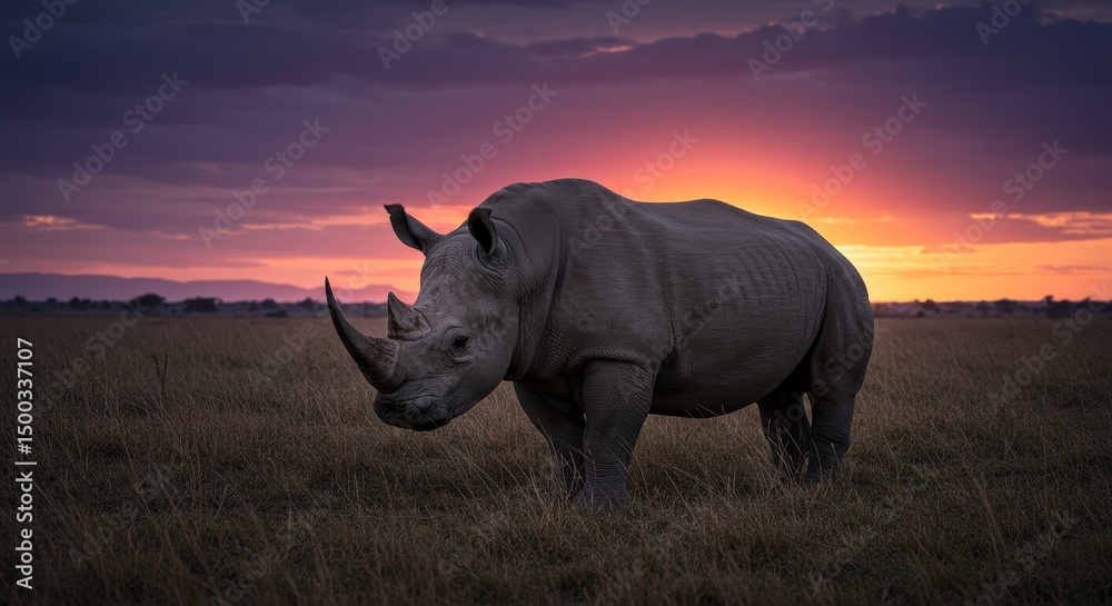 Fototapeta premium Photo of Pixelated Rhino at Sunset in African Savanna Field