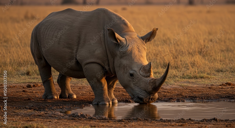 Fototapeta premium Photo of Rhino Drinking at Dusk in Golden Light with African Wildlife Backdrop