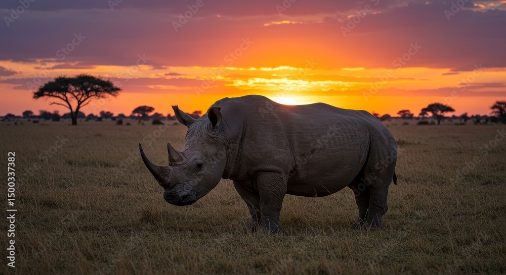 Obraz premium Photo of Rhino Silhouette at Sunset Orange Sky in African Safari