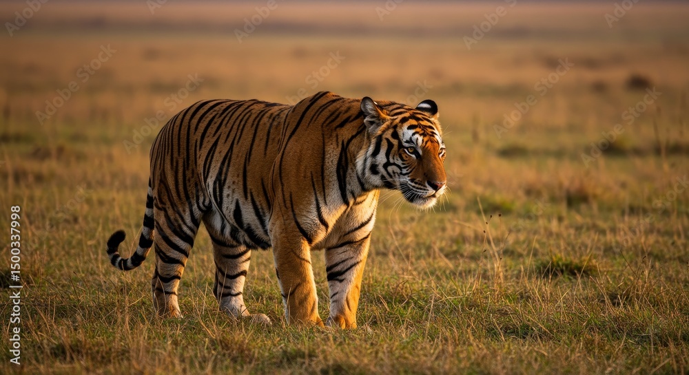 Naklejka premium Photo of Tiger Standing in Field with Sunlight and Grass Texture