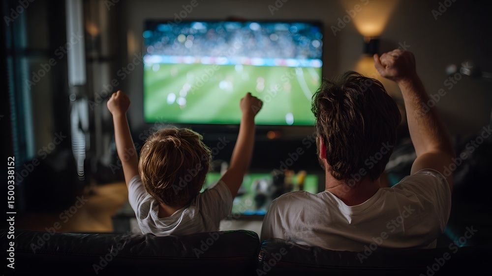 Fototapeta premium Enthusiastic Father and Son Watching a Thrilling Soccer Match on TV at Home