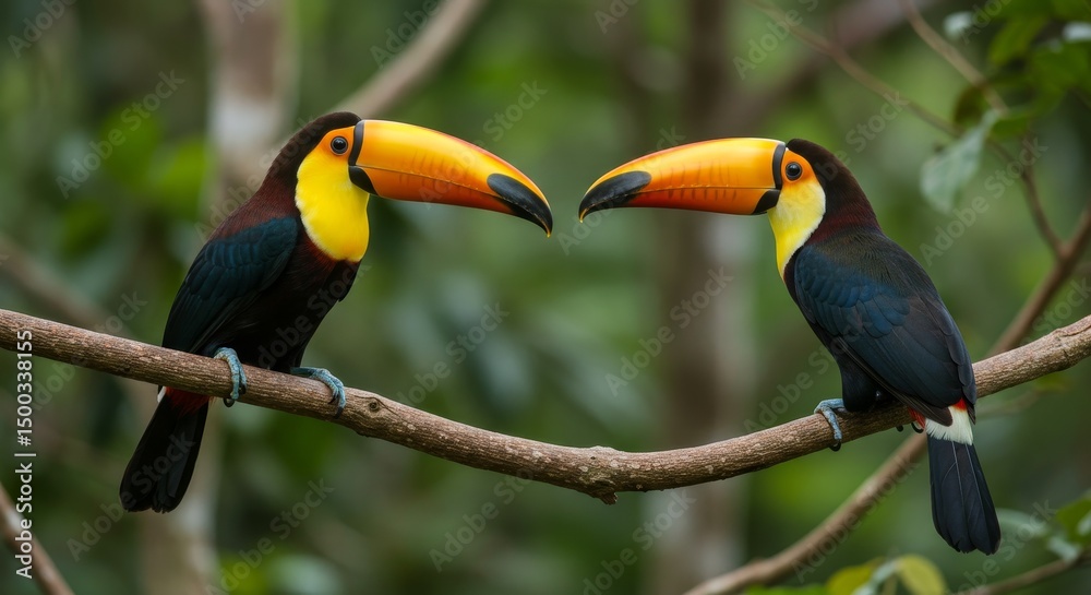 Obraz premium Photo of Two Colorful Toucans Perched on a Branch with Green Foliage Background