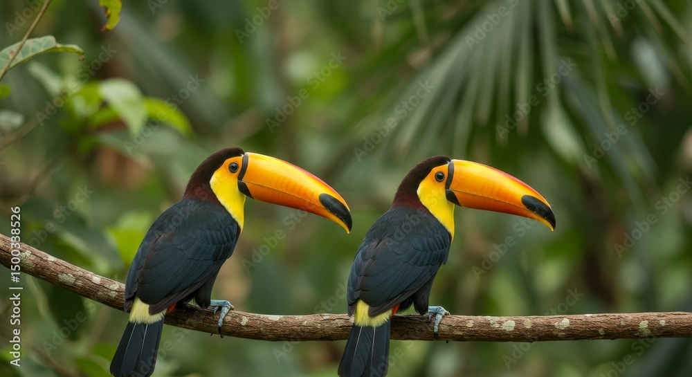 Fototapeta premium Photo of Two Toucans Perched on Branch in Tropical Rainforest Setting