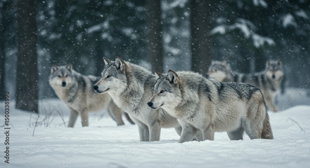 Fototapeta premium Photo of Wolves in Snowy Winter Forest Majestic Wildlife Nature Scene