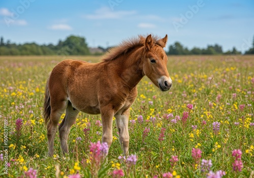 Photo Of Young Horse In A Wildflower Meadow During Summer Day
