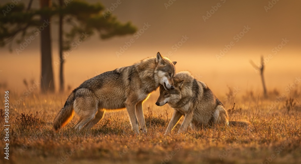 Fototapeta premium Photo Two Wolves Displaying Affection In A Golden Lit Field At Sunset