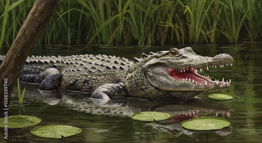 Fototapeta premium Pixel Art Illustration of an Alligator with Open Mouth in a Swampy Environment