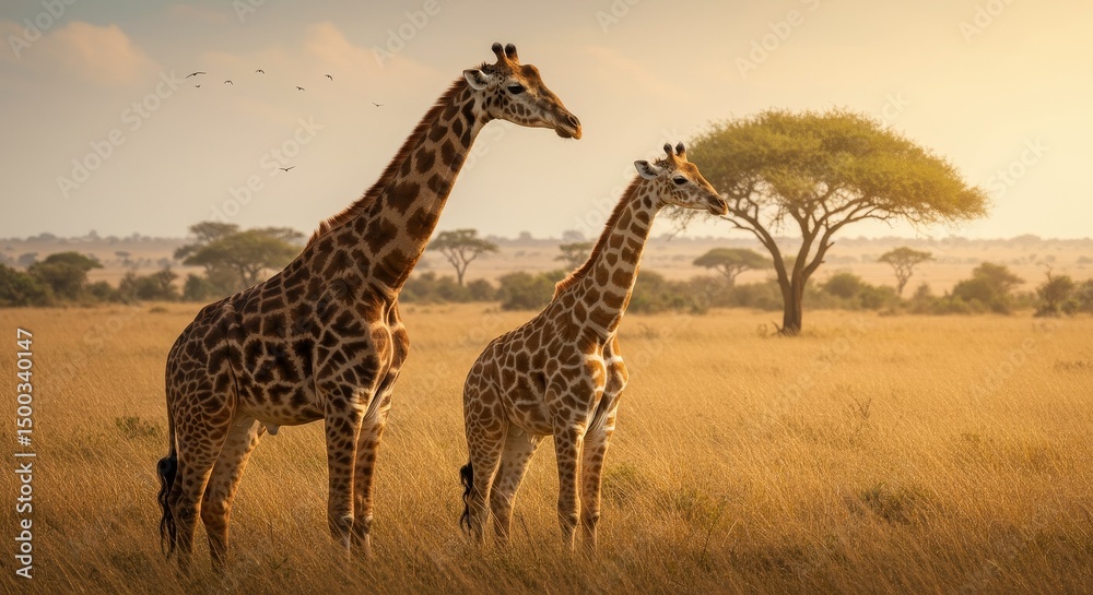 Obraz premium Pixelated Giraffes in African Savanna Landscape at Sunset Photo