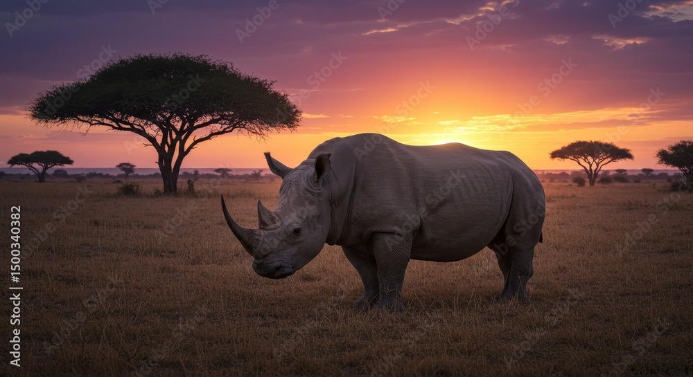 Fototapeta premium Pixelated Photo Of A Rhino On Savanna Field During Sunset With Trees