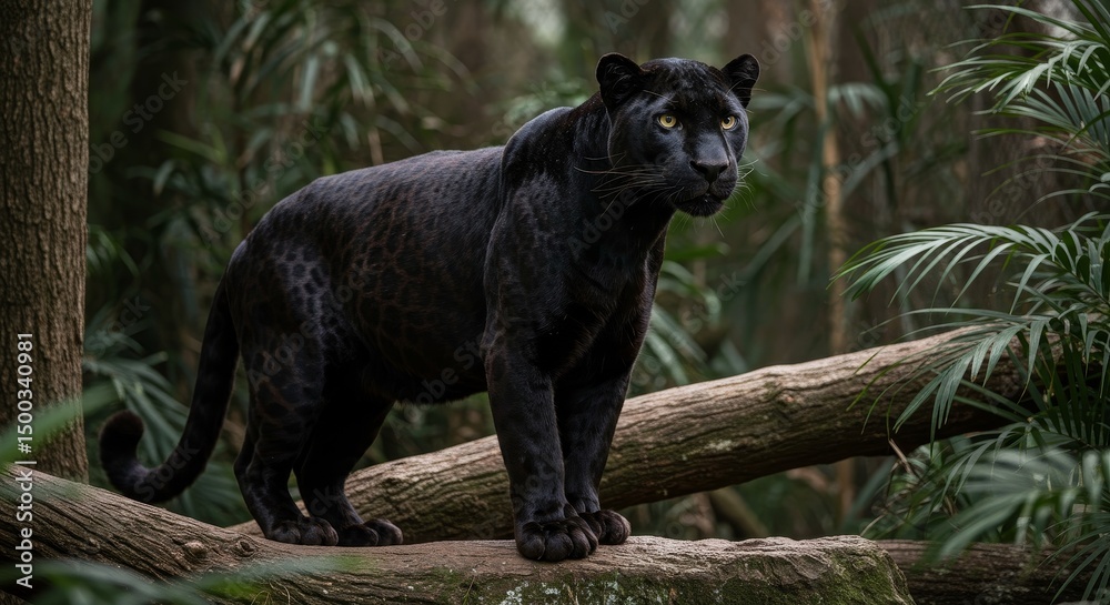 Obraz premium Realistic Photo of a Black Panther Standing on a Fallen Tree in a Jungle with Green Foliage