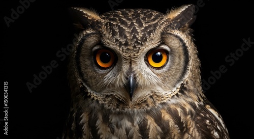 Realistic Photo of Majestic Owl Portrait with Orange Eyes on Black Background