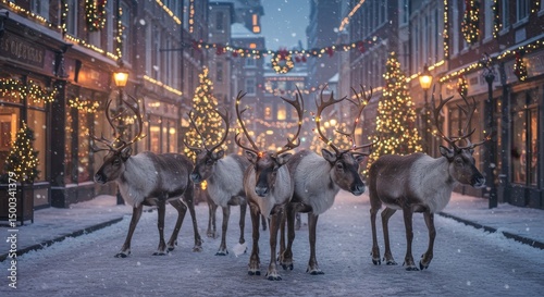 Realistic Photo of Reindeers Walking on Snow Covered Street at Night with Christmas Lights