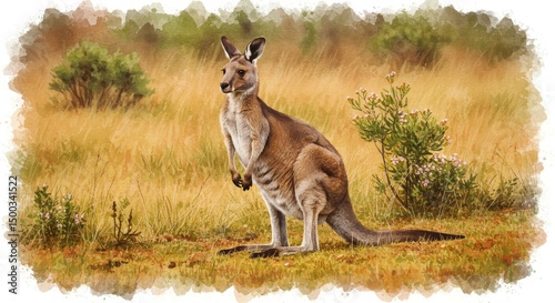 Realistic Watercolor Illustration of a Majestic Kangaroo in a Grassy Field