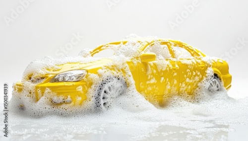 Yellow toy car submerged in sudsy car wash foam (1)