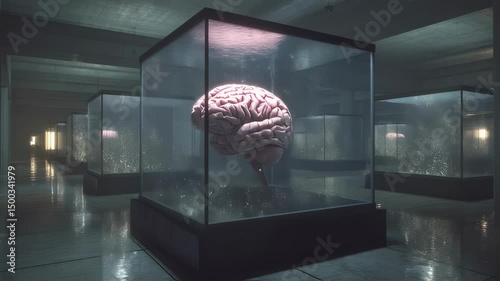 Several human brains float inside glass boxes, immersed in a liquid, within a dimly lit, futuristic looking room, possibly a laboratory or museum
